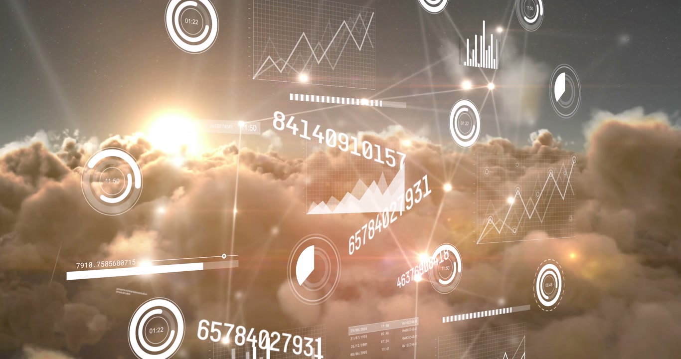 Animation of charts and data processing over cloudy sky at sunset
