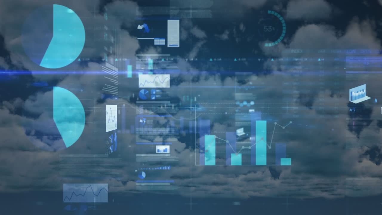Composite video of screens with statistical data processing against clouds in the blue sky