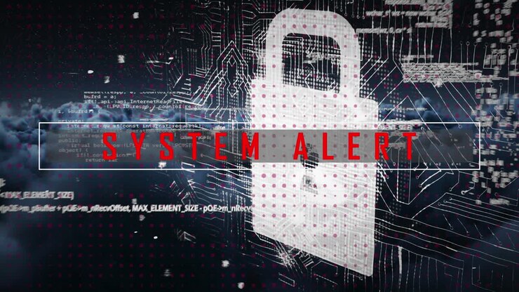 Security padlock and system alert text against dark clouds