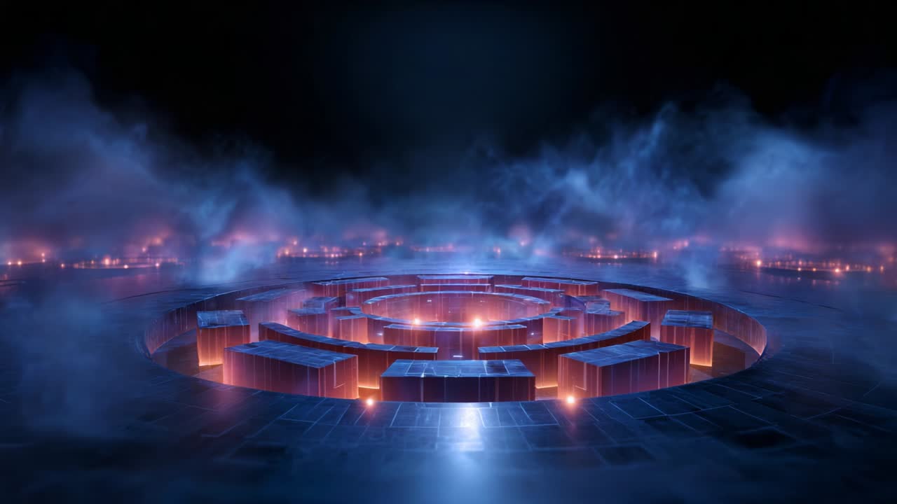 A Stunning Artistic Representation of a Vibrant Circular Structure Set Against a Smooth Dark Background, Enveloped in Mystical Fog and Glowing with Dynamic Bright Colors, Creating a Mysterious Atmosphere