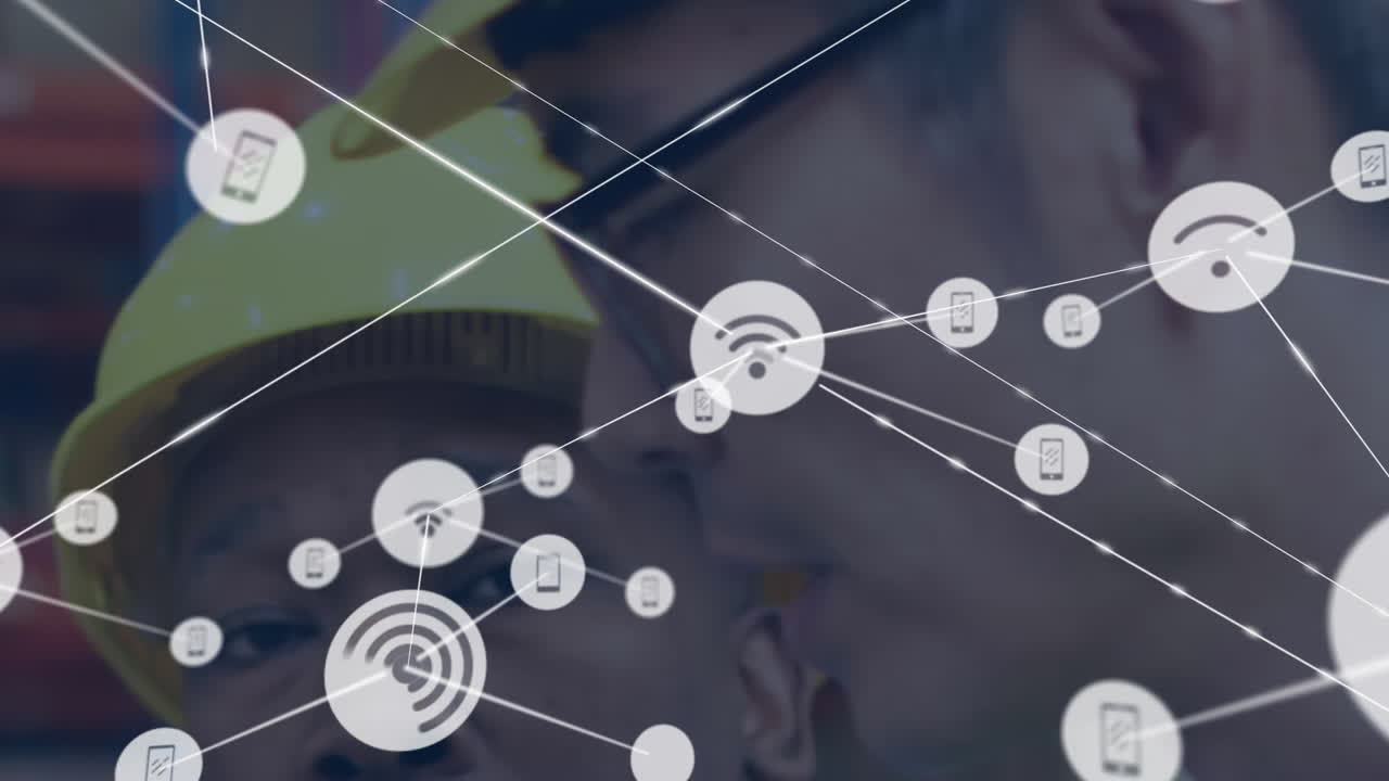 animación de la red de conexiones entre diversos trabajadores en el almacén