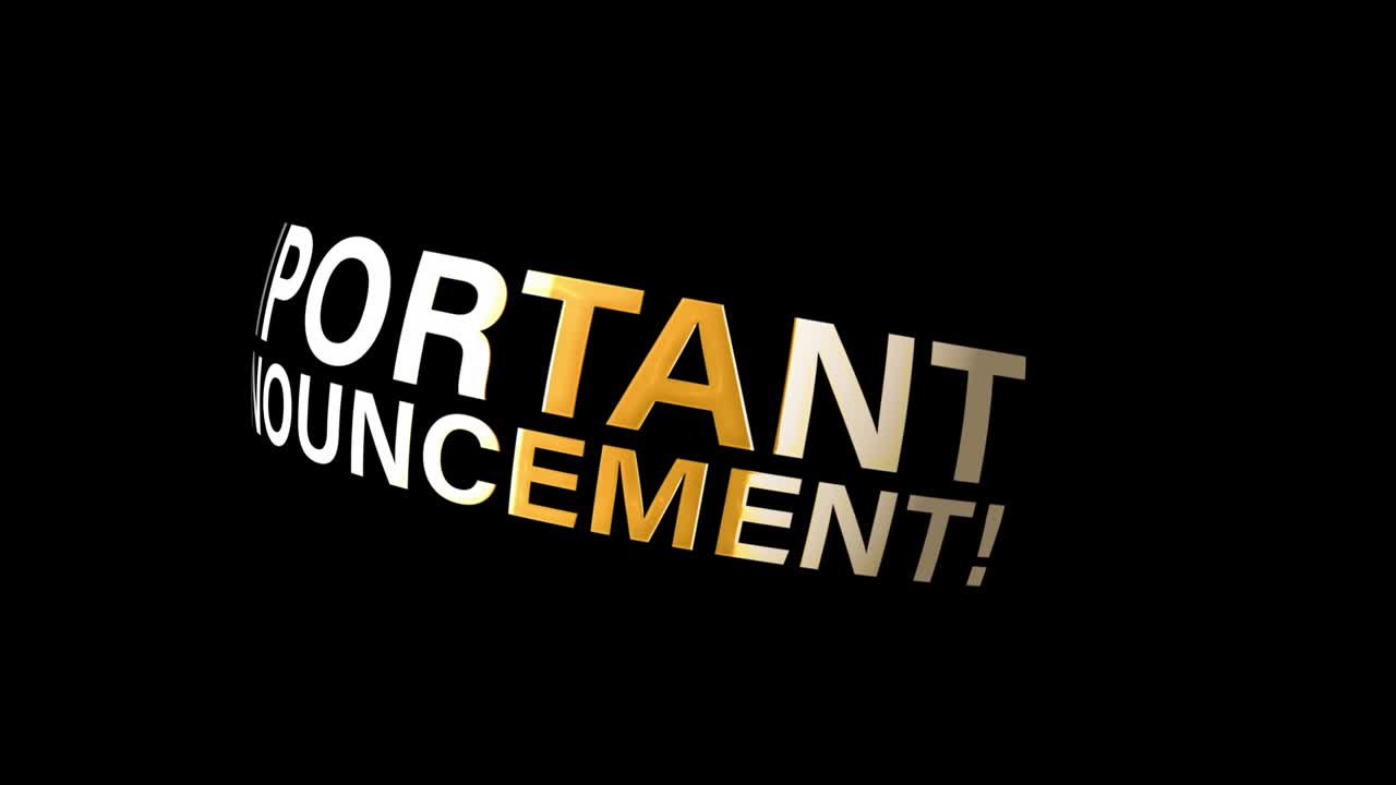 4K 3D Important Announcement gold text loop rotating animation on Black background. Advertising sign. 3D rendering seamless looping illustration. Advertising Animated Banner. Kinetic Typography.