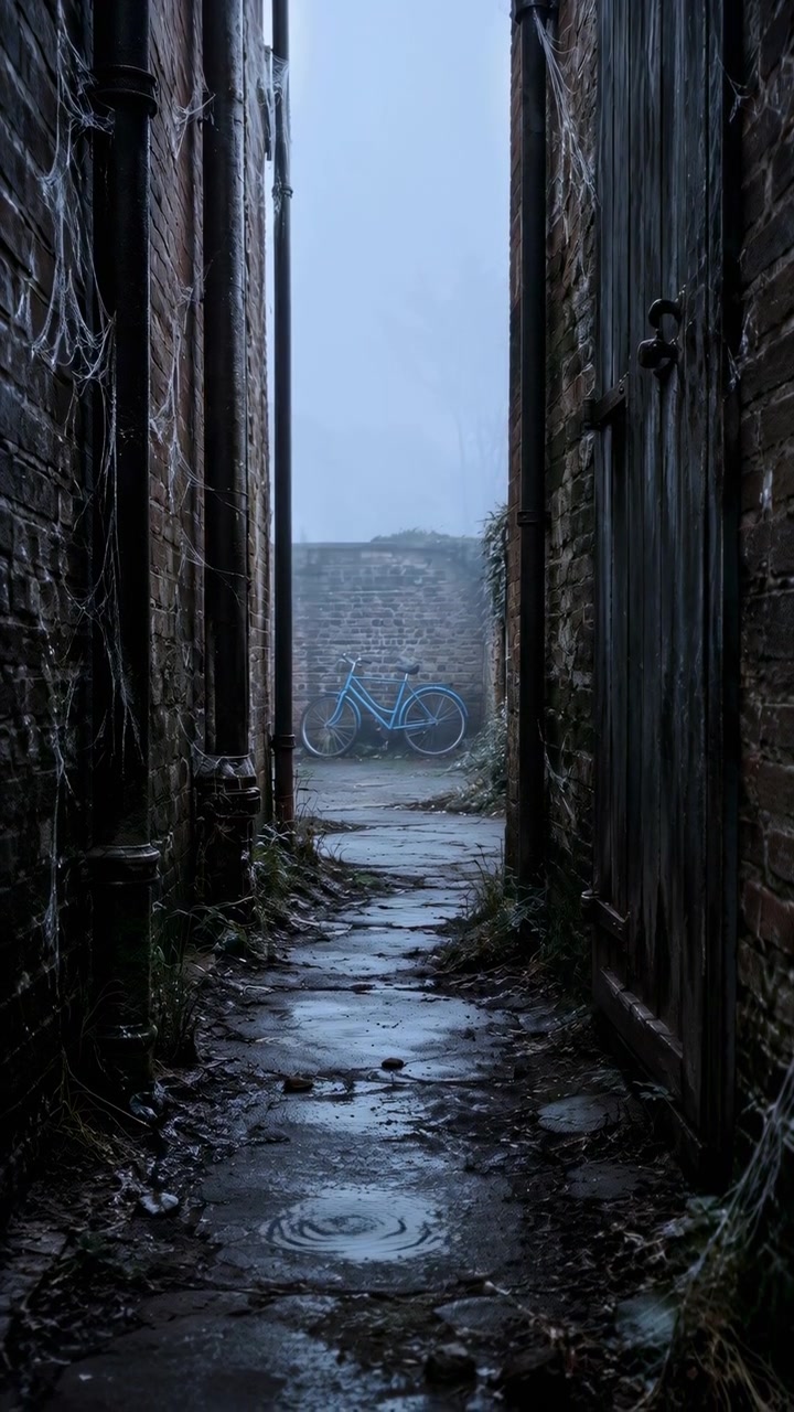 Onde circolari si diffondono nella pozzanghera in primo piano mentre la foschia oscura gradualmente gli alberi distanti dietro una bicicletta blu, con pavimentazione bagnata, muratura in mattoni invecchiata e una porta di legno scuro che incornicia la vista
