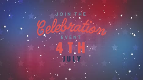 animación del evento de celebración del 4 de julio texto sobre estrellas blancas sobre fondo rojo y azul