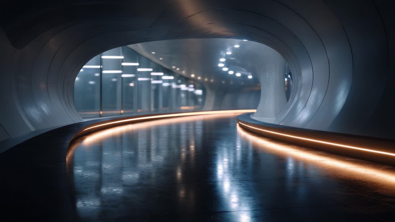Terowongan Perkotaan Futuristik dengan Lengkungan Ramping dan Pencahayaan Ambien dalam Desain Arsitektur Modern, Menampilkan Permukaan Reflektif Halus dan Elemen Bercahaya Lembut