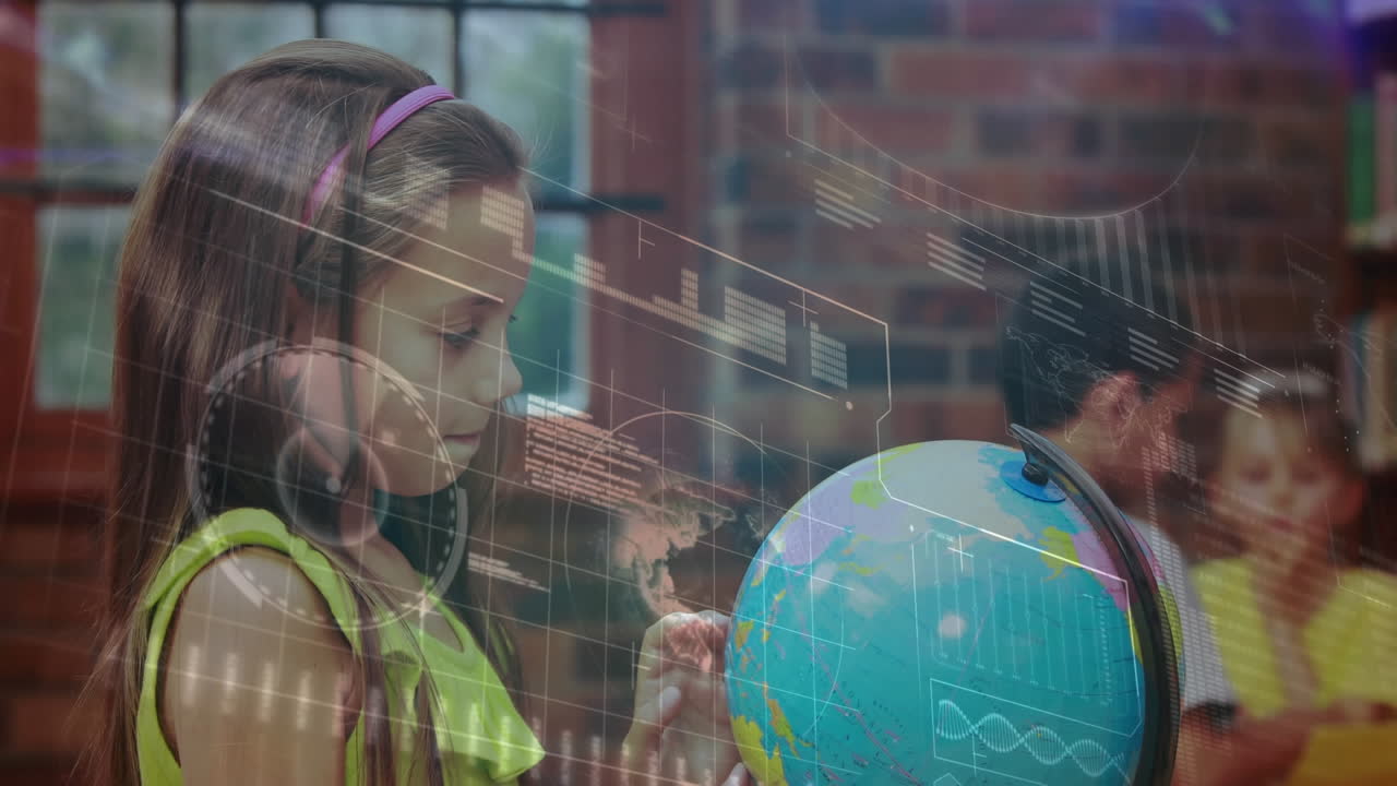 animación del procesamiento de datos sobre una escolar mirando el globo en clase