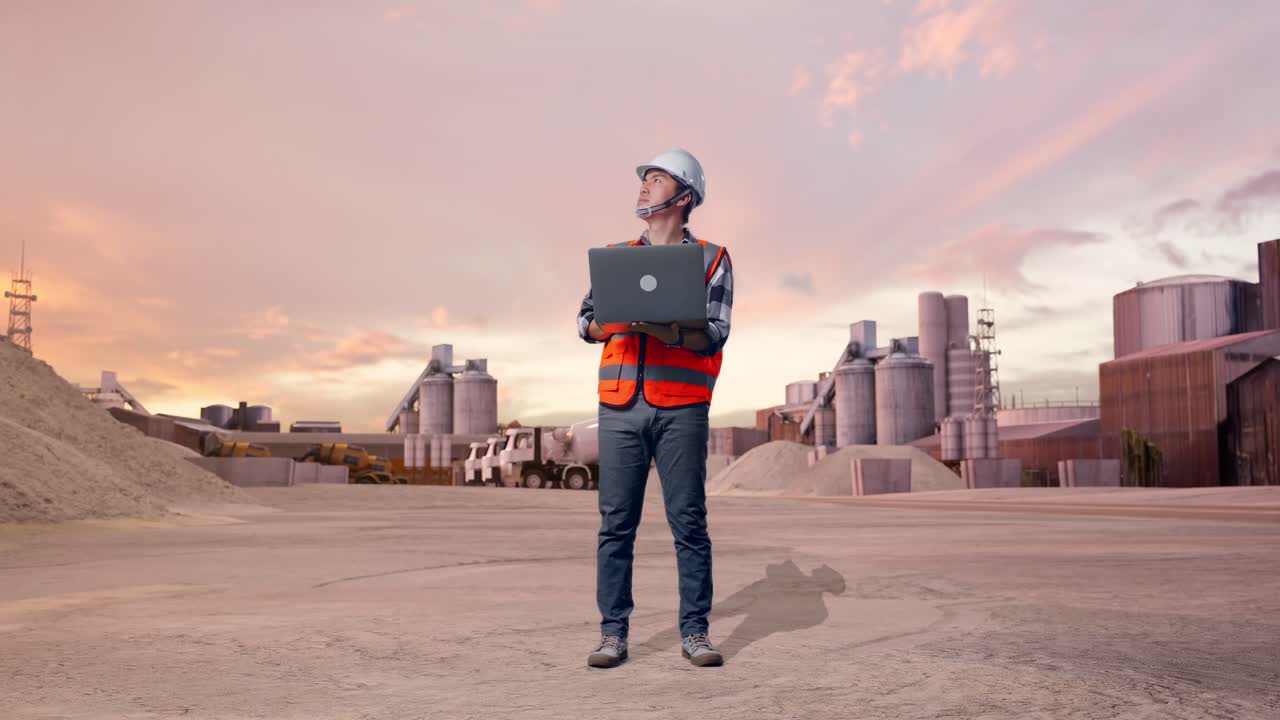 Full Body Of Asian Male Engineer With Safety Helmet Working On A Laptop And Looking Around While Standing at Industrial Cement Plant with Mixer Trucks at Sunset