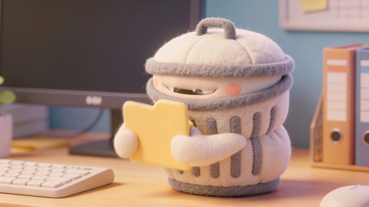 Contenitore di peluche che prende una cartella gialla da sinistra, aprendosi e mostrando un occhio blu e uno scintillio mentre revisiona per l'ufficio.