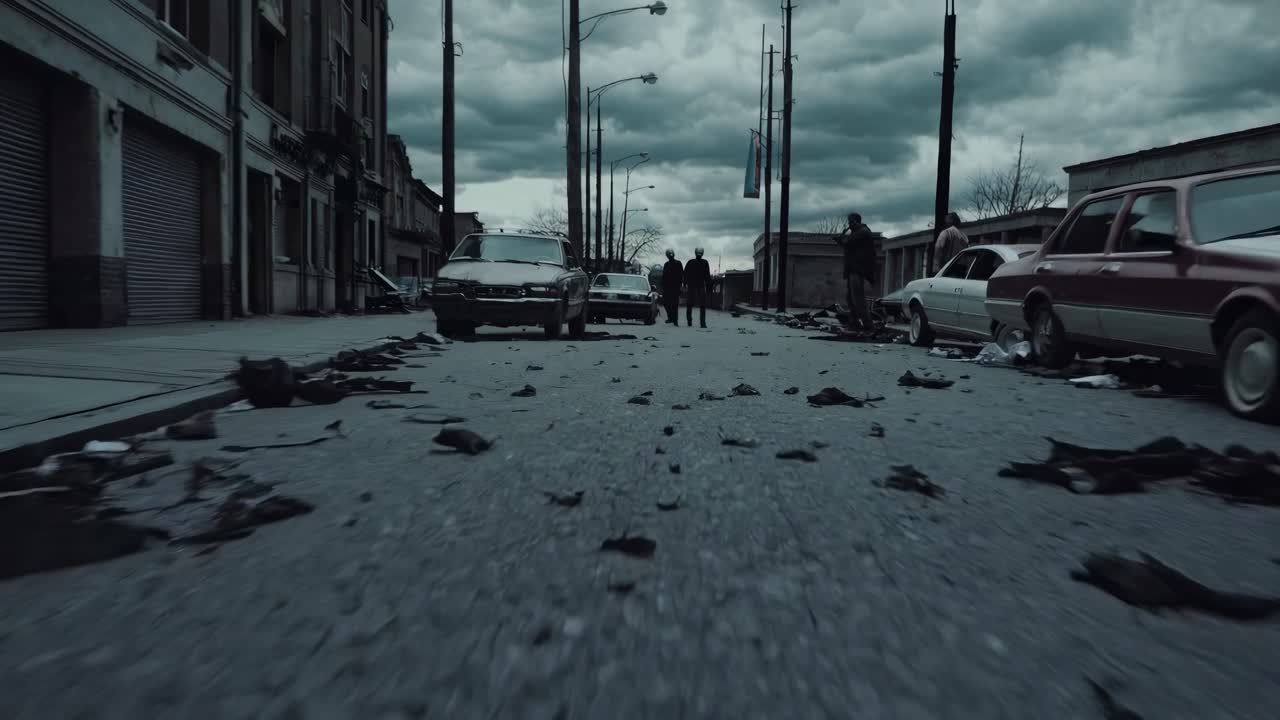 Low-angle video shot of a post-apocalyptic street with abandoned cars and debris, capturing a group