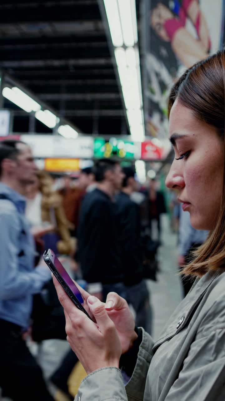 Side angle video of a woman focused on her phone in a busy subway station, capturing urban life