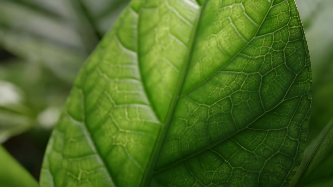Closeup Green Leaf Veins Illuminated Softly, Detailed Macro Texture Reveals Network Of Cells And Subtle Dew
