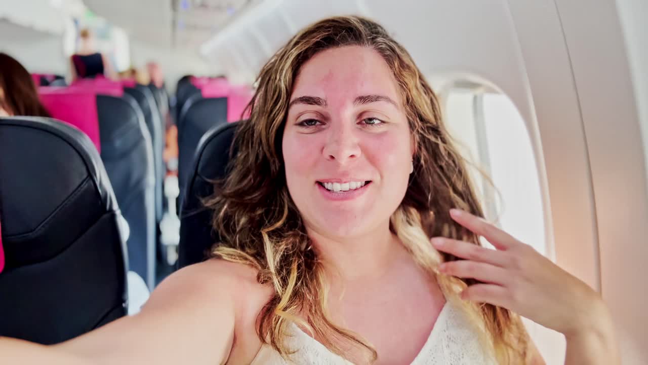 Woman Excitedly Smiling on Airplane for Vacation Trip