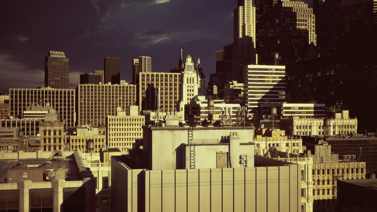 City skyline reveals architectural diversity and urban life during dusk