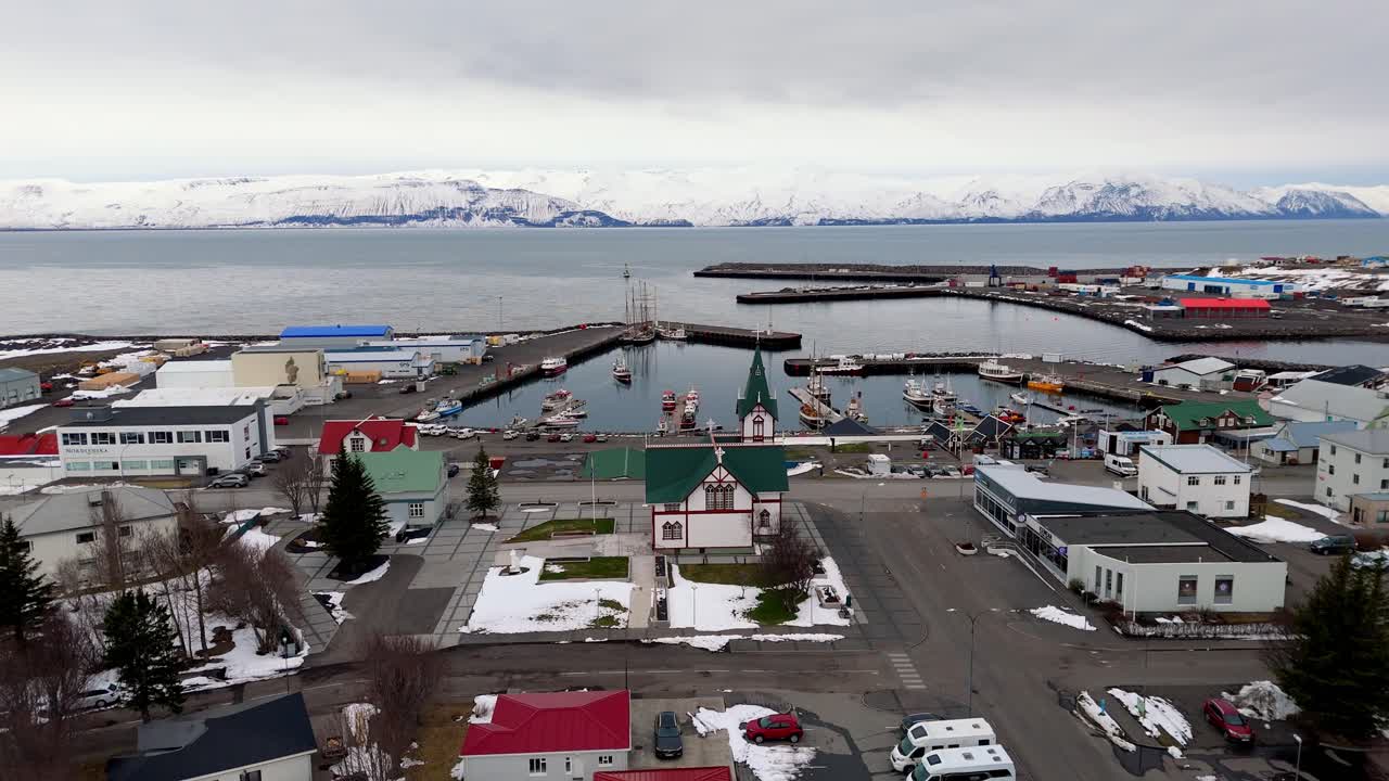 Aerial View of Húsavík, Iceland – Coastal Fishing Town in North Iceland