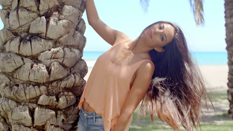 brunette woman hanging off palm tree at beach