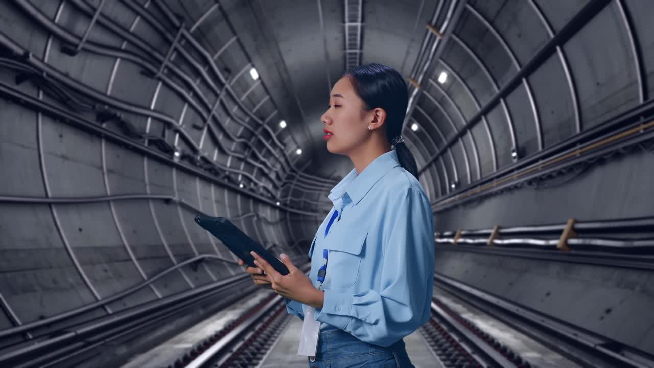 Side View Of Asian Female Professional Worker In Underground Subway Tunnel, Observes By Looking Up Before She Come To Concentrating On The Tablet And Keep On Checking