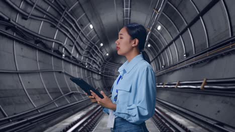 side view of asian female professional worker in underground subway tunnel, observes by looking up before she come to concentrating on the tablet and keep on checking