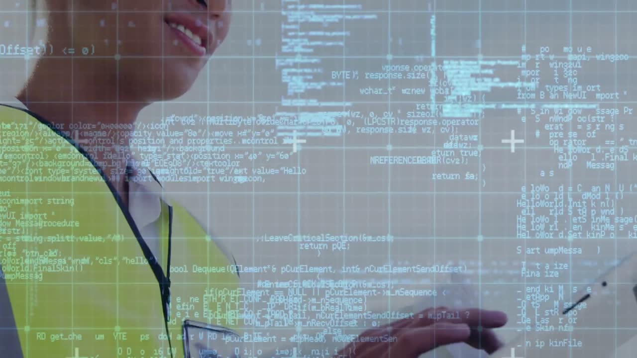 animación de un hombre de raza mixta usando una tableta digital trabajando en un almacén