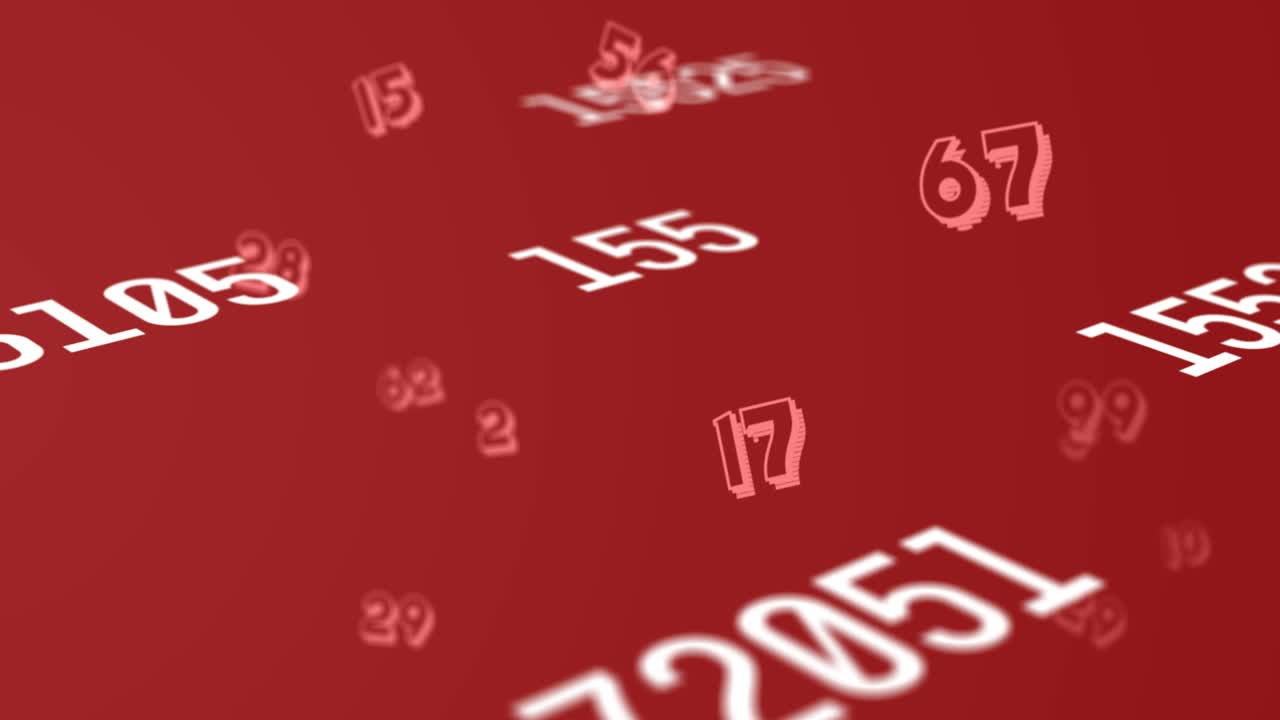 빨간색 배경에 떠다니고 움직이는 여러 개의 변화하는 숫자의 디지털 애니메이션