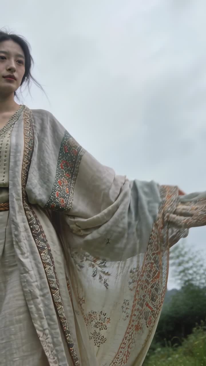 Vertical video: Billowing robe revealing Asian woman posing with sleeves on hill, with sash visible