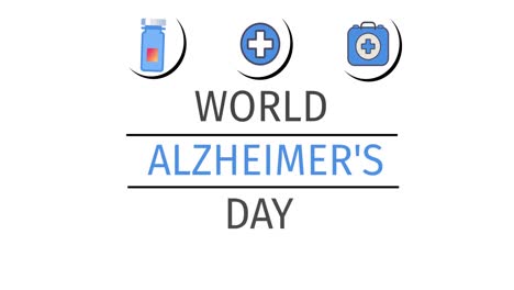 animación del texto del día mundial del alzheimer con iconos en fondo blanco
