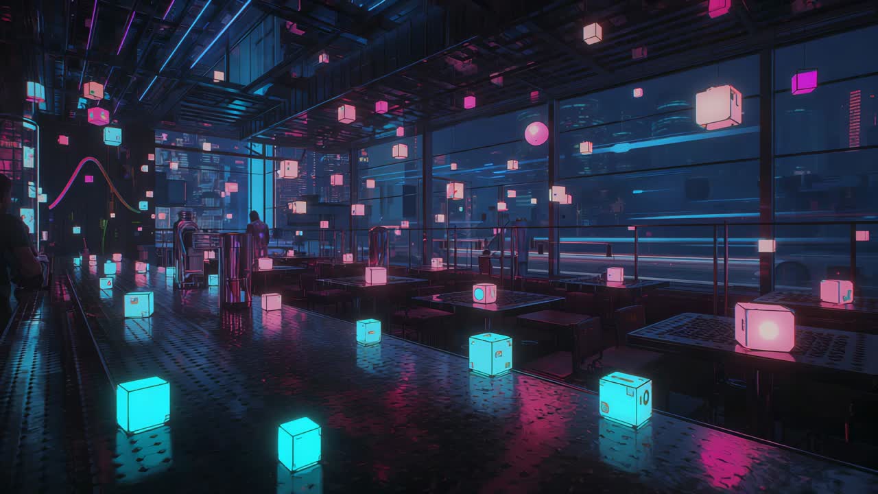 Pulsing lights shifting neon cubes drifting in lounge, reflecting floor, pair in long coats for art