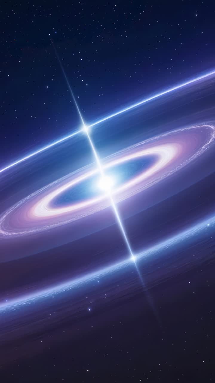 Vertical video: Emitting perpendicular beams central star lighting rings in space, with starfield