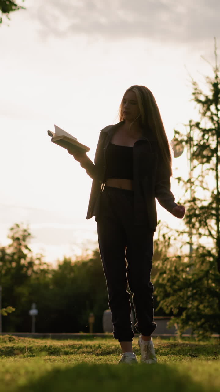 dama de ropa gris bailando alegremente al aire libre en un campo cubierto de hierba con un libro en la mano, mientras la luz del sol crea una atmósfera radiante a su alrededor, con edificios y vegetación en el fondo