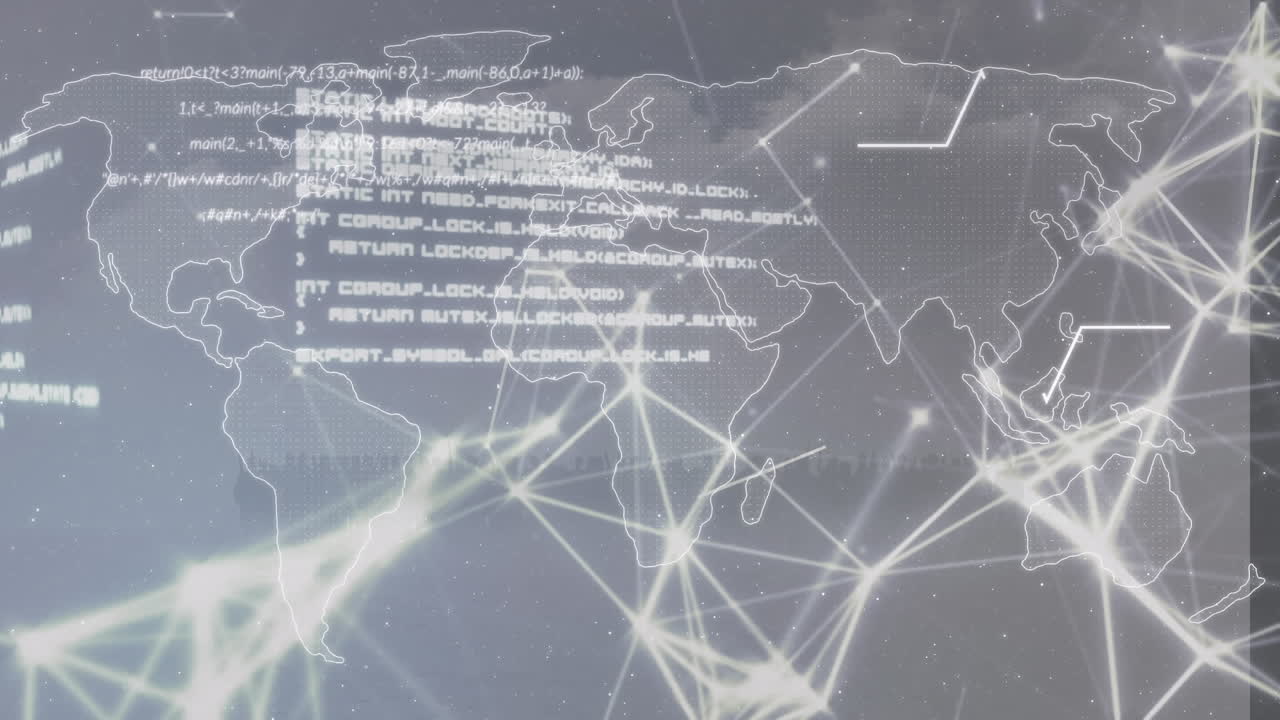 Animation of data processing and network of connections over cityscape