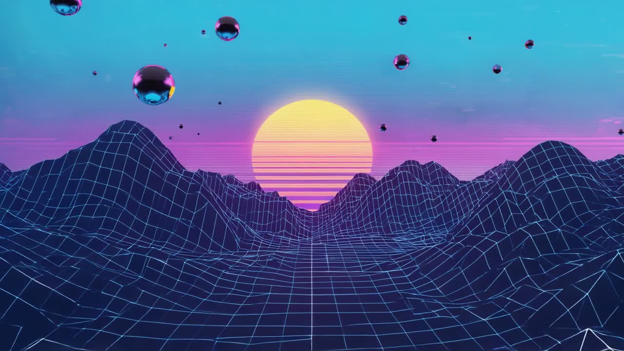 Paesaggio Synthwave con Sole e Sfere