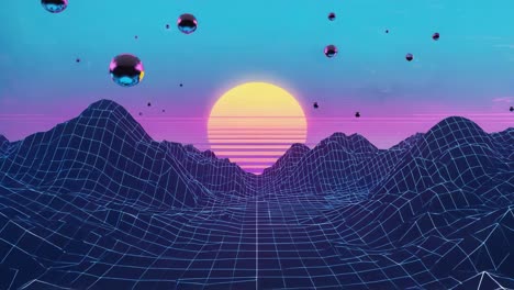 Synthwave Landscape with Sun and Spheres