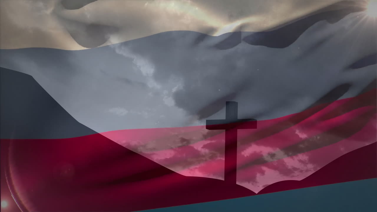 Cross silhouette with dramatic sky and flag colors in animation background