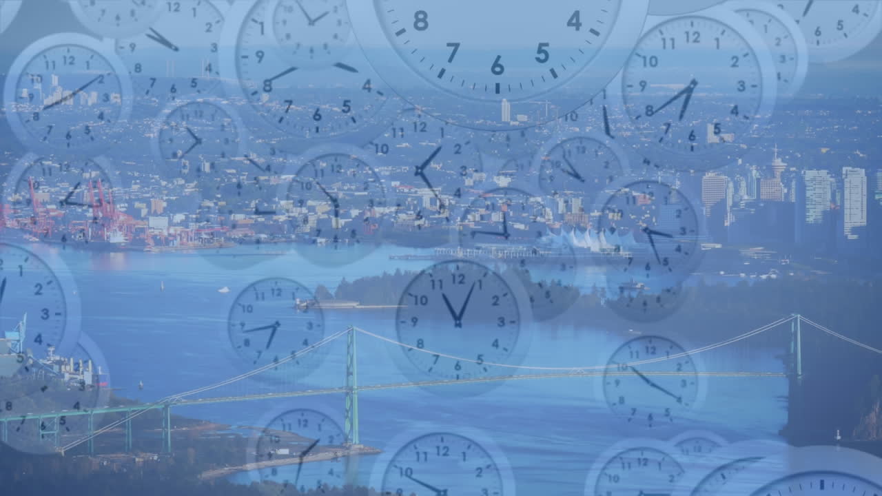 도시 풍경 위에 움직이는 시계의 애니메이션