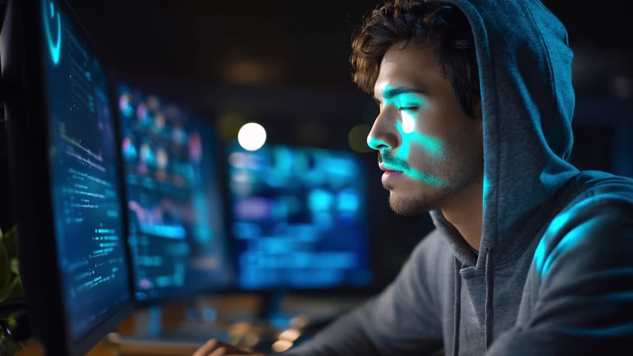 Focused Individual Analyzing Data on Multiple Screens in a Darkened Room, Showcasing the Intense Concentration and Engagement in Digital Work Environment