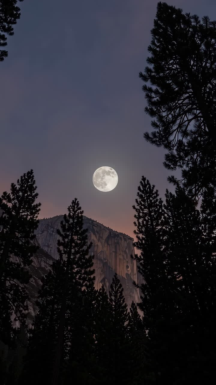 Luna piena sopra la montagna e i pini di notte