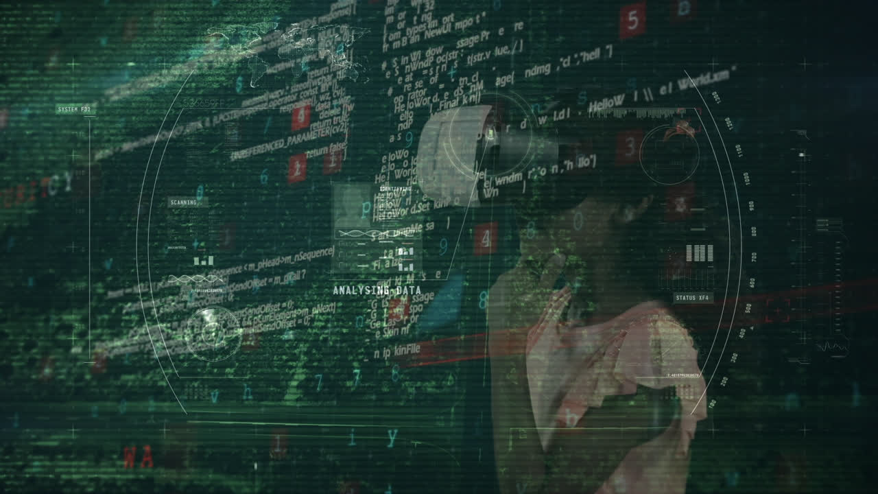 animación del procesamiento de datos financieros sobre una niña que lleva auriculares vr