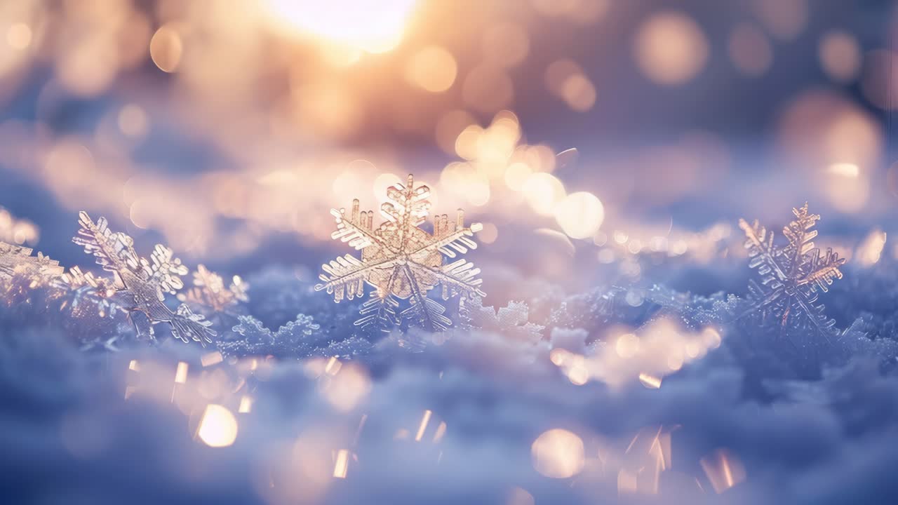Close-up, low-angle shot of delicate snowflakes on a snowy surface, with a dreamy bokeh effect