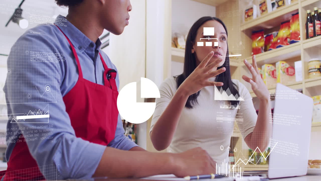 animación del procesamiento de datos financieros sobre personas de negocios en una cafetería