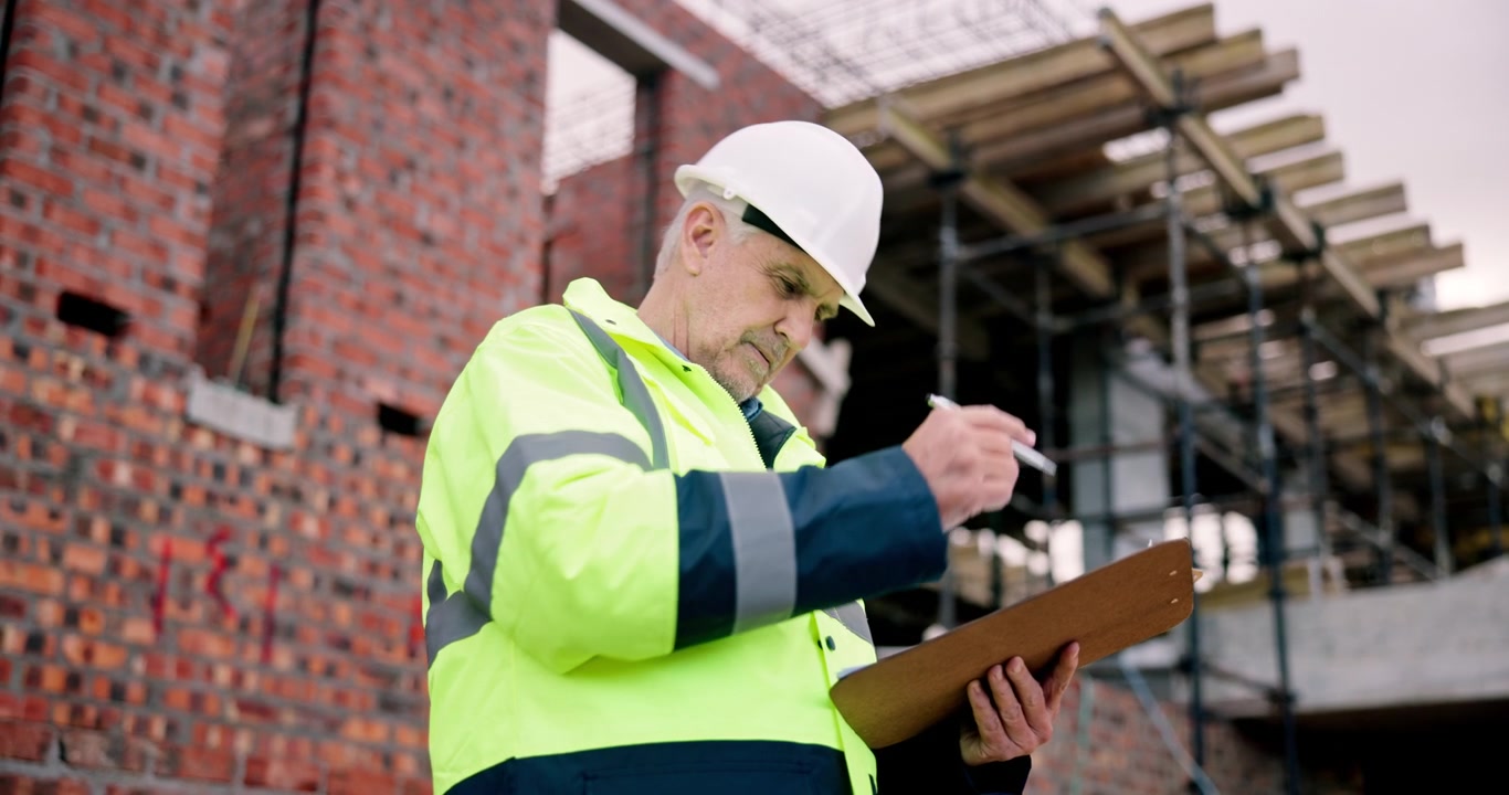 Senior Construction Manager Inspecting Building Site with Clipboard