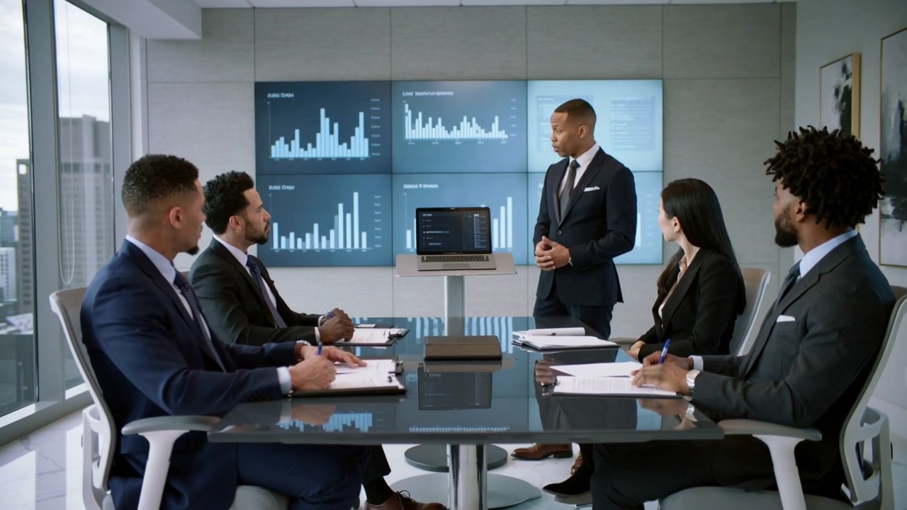Starting briefing executive in suit explaining charts, gesturing beside laptop in conference room
