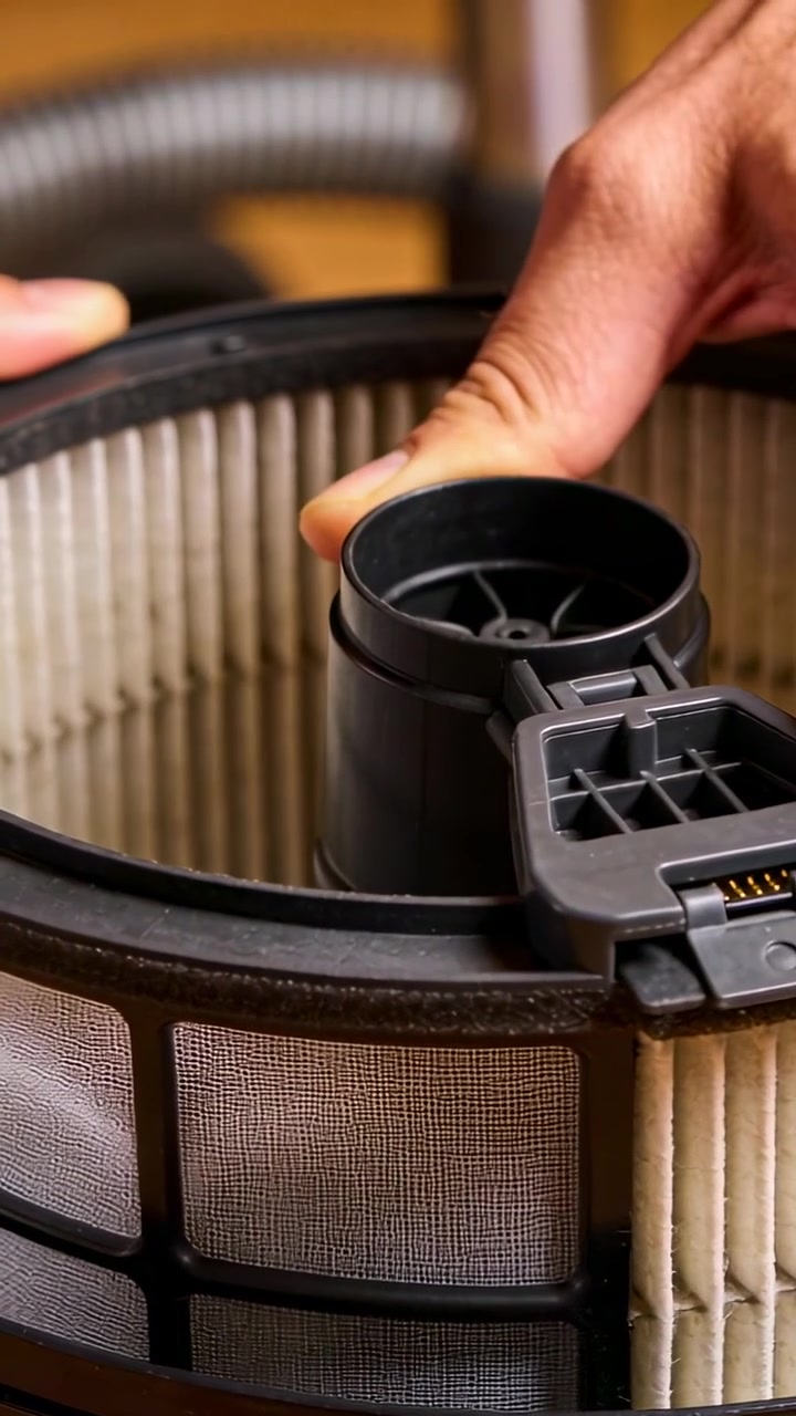 Vertikales Video: Drücken des zentralen Adapters, Hände drehen den Verschluss, ziehen den Filter auf Holztisch zur Überprüfung