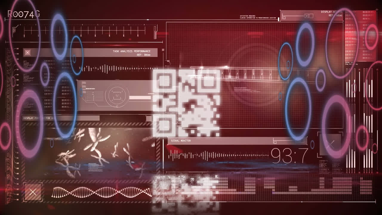 Digital animation of glowing qr code and neon circles over digital interface with data processing
