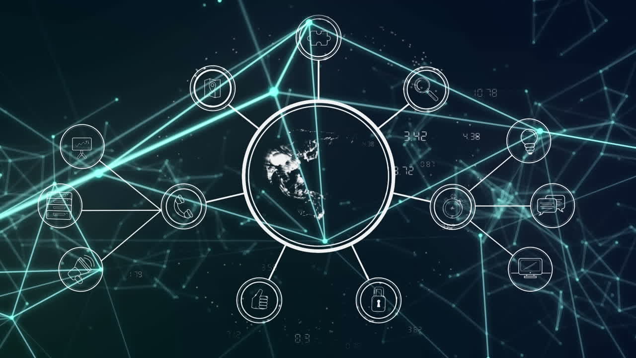 Digital animation of globe of network of connections against blue background