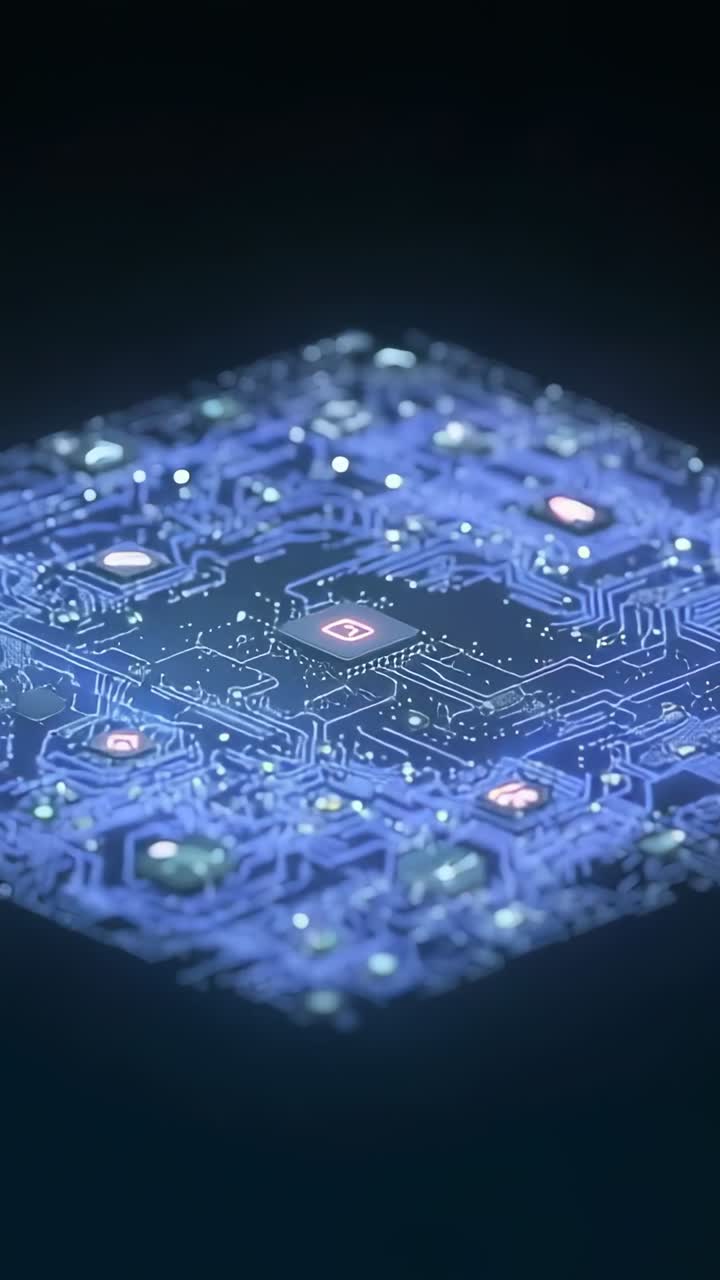 Video verticale: PCB quadrato rotante che rivela un chip luminoso in un vuoto oscuro, impulsi di luce che guidano i dati