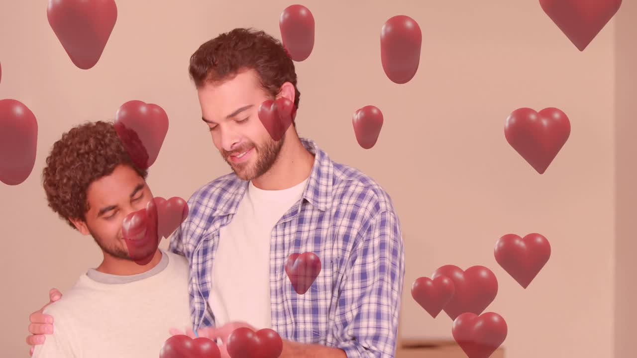 사랑에 빠진 남성 커플이 포옹하는 은 심장의 애니메이션