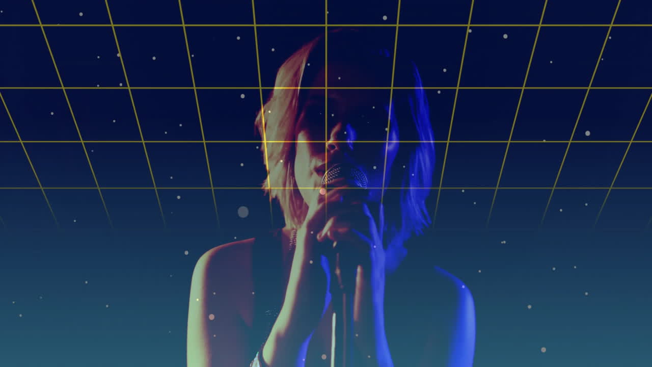 Female singer performing under blue pink lights, showcasing music visuals with neon grid particles