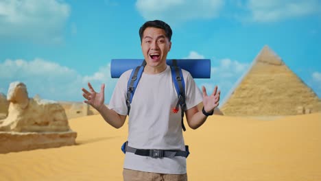 excited traveler in front of the pyramids