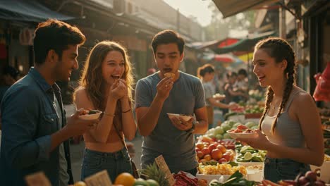 a vibrant market experience: friends enjoying fresh fruits and local delicacies amidst bustling stalls and colorful produce