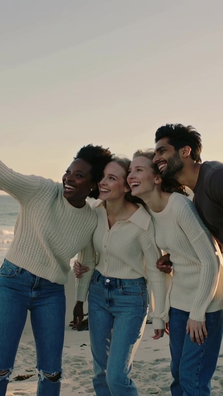Video verticale: Un braccio si allunga verso l'amico a sinistra che tiene il telefono, guidando il gruppo che posa in spiaggia per un selfie al tramonto.