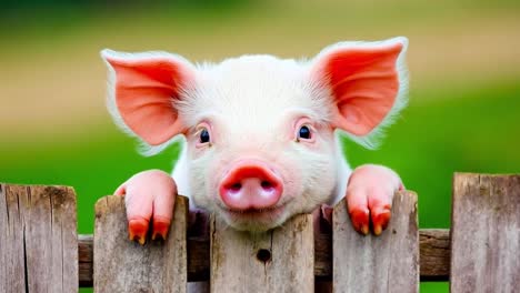 a small pig peeking over a wooden fence